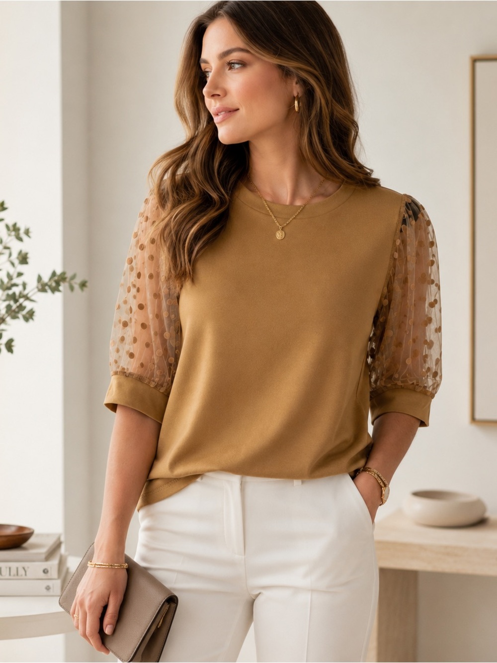 Alison Andrews SZ Large Camel Puff Sleeve Swiss Dot Mesh Top Sheer Sleeve Blouse